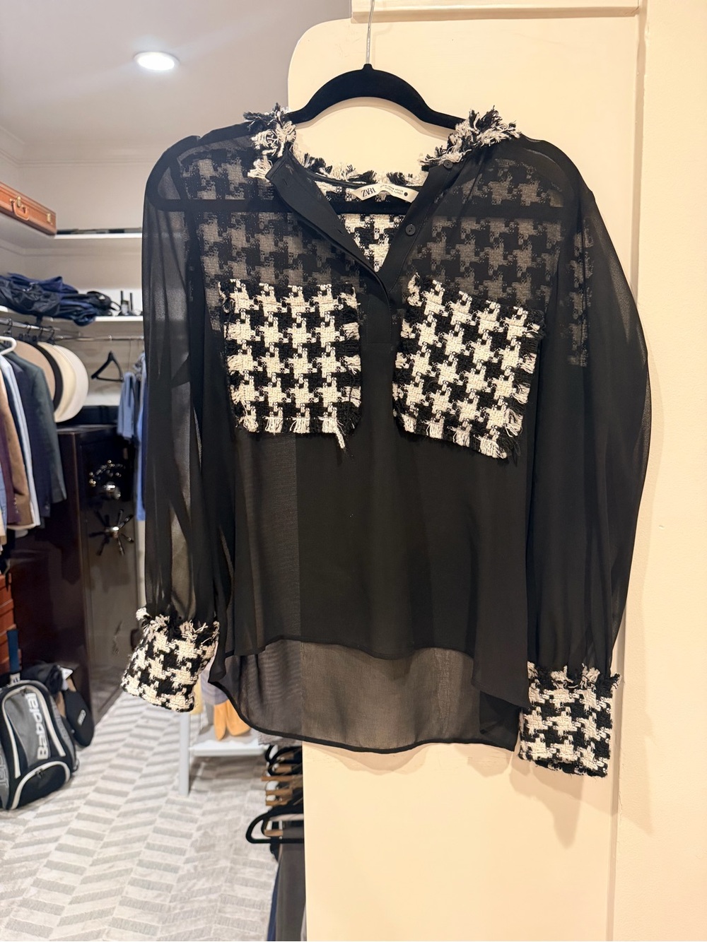 ZARA Sheer Black Blouse with Houndstooth Pockets and Trim